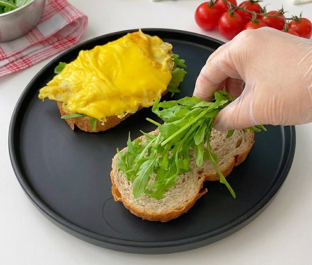 Una mano con guante colocando un manojo de rúcula fresca sobre rebanadas de pan tostado en un plato negro mate.