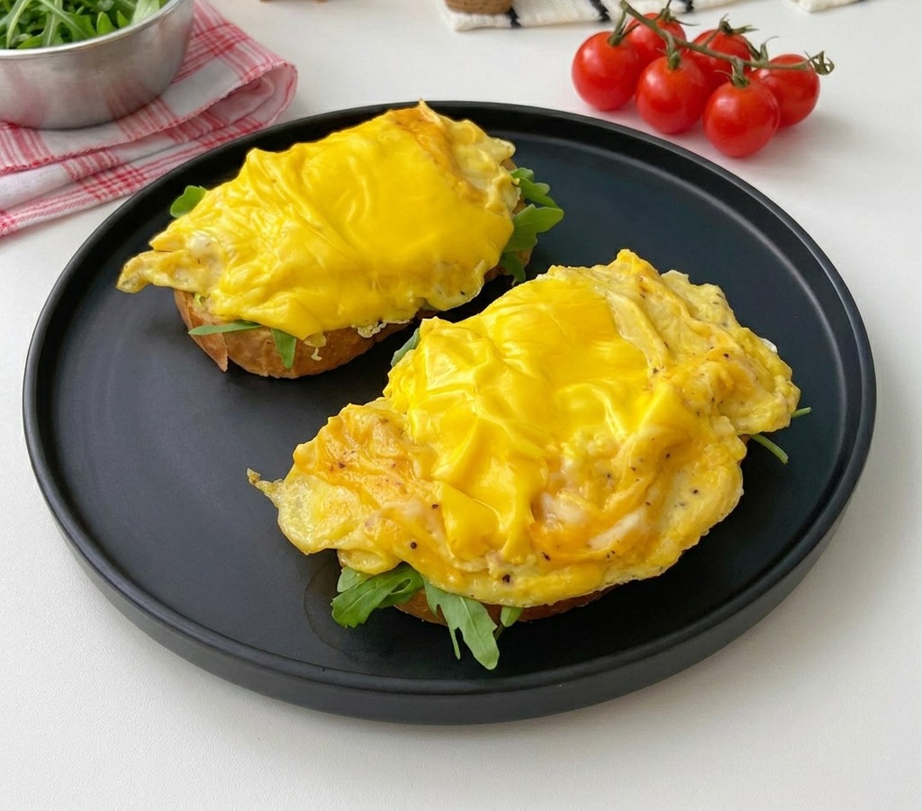 Dos tostadas en un plato negro mate con rúcula y porciones generosas de huevos revueltos con queso fundido.
