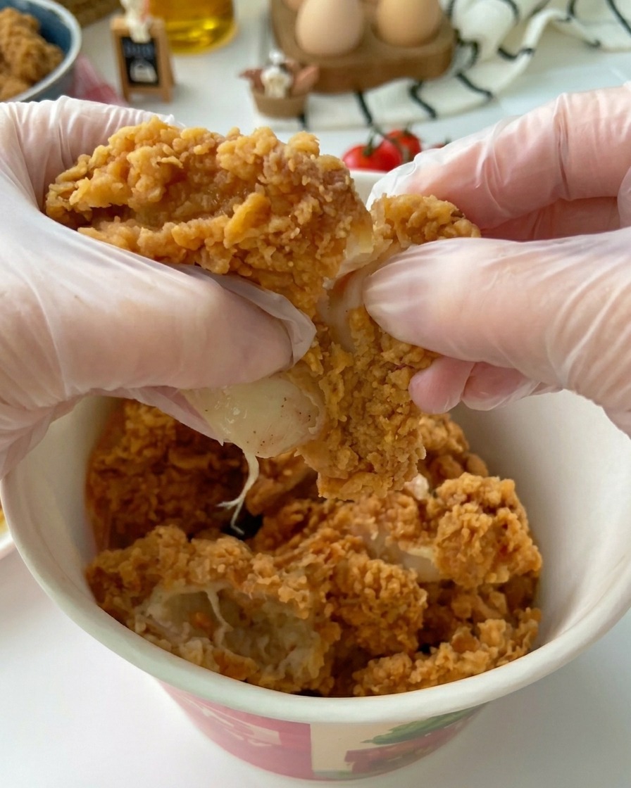 Dos manos con guantes desmenuzando una pieza de pollo frito dorado y crujiente, dejando ver la carne blanca y jugosa.