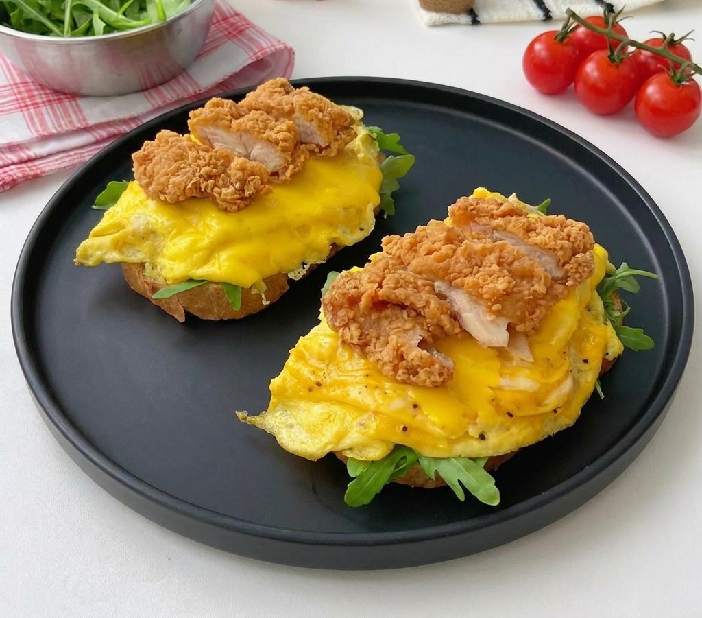 Primer plano de dos sándwiches abiertos en un plato negro, con pan tostado, rúcula, huevos con queso y pollo frito.