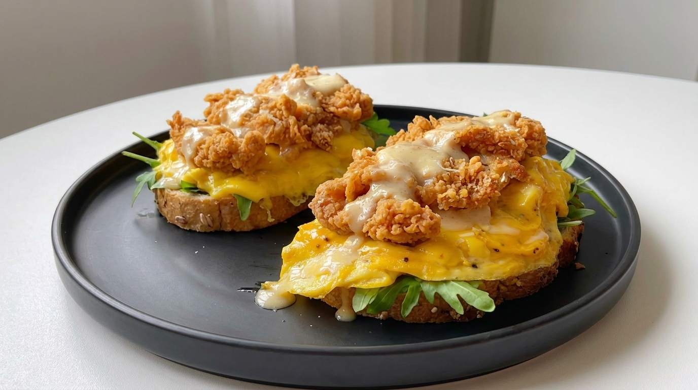Tostada de Pollo Crujiente con Huevos Cremosos al Queso