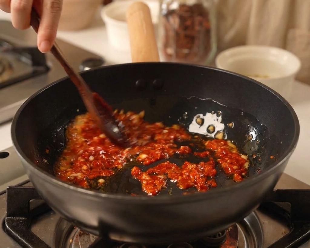 Añadiendo una cucharada de vibrante pasta de chile rojo coreano al ajo salteado en una sartén negra.