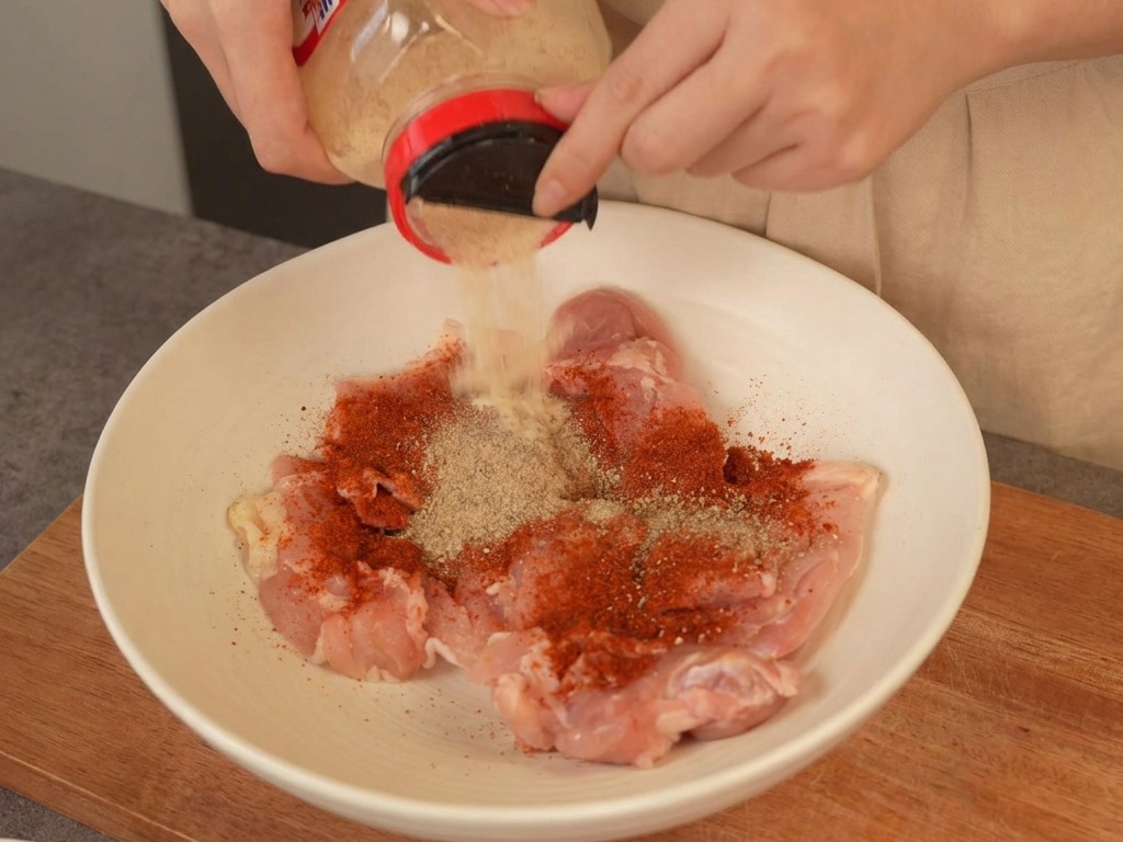 Espolvoreando ajo en polvo desde un frasco sobre muslos de pollo crudos sazonados con chile rojo en polvo en un bol blanco.