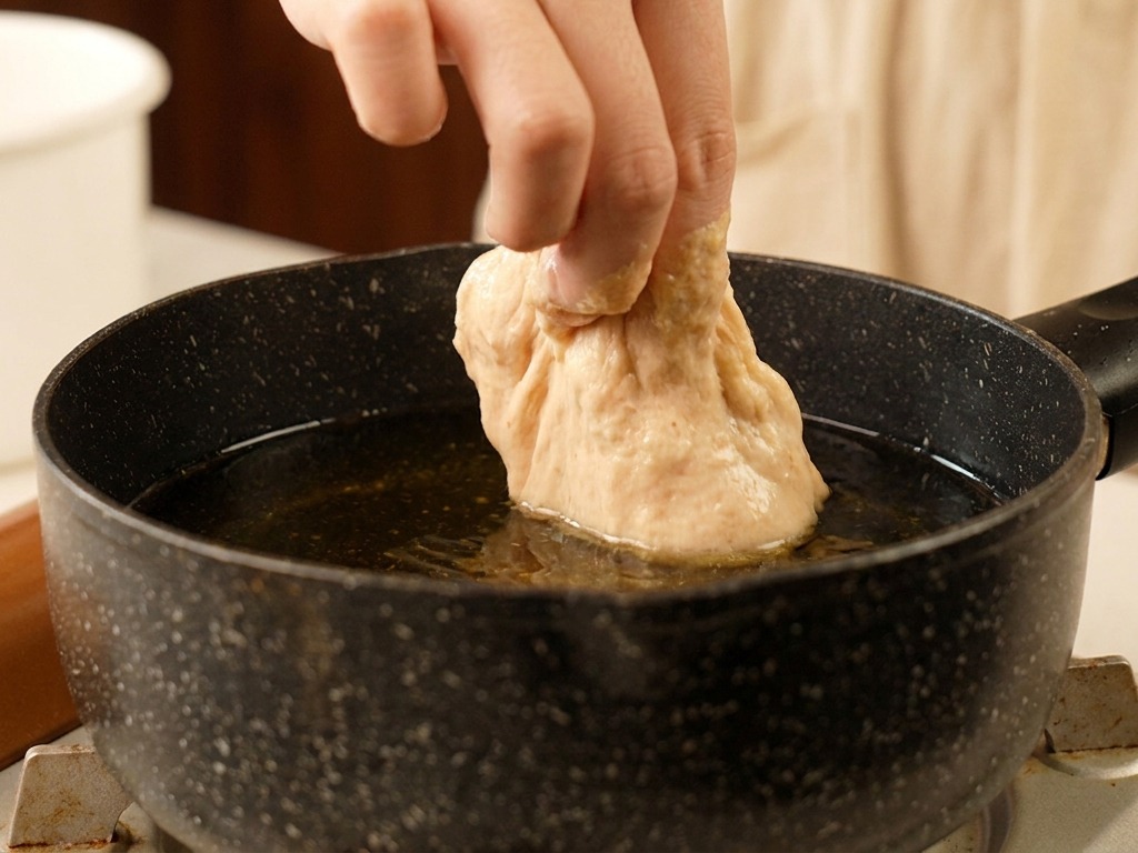 Una mano introduciendo un trozo de pollo con un rebozado espeso en una olla negra llena de aceite de cocina caliente y burbujeante.