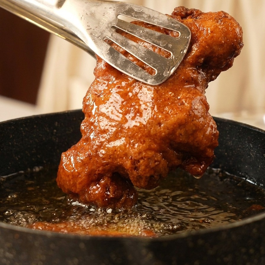Pinzas de metal sosteniendo un muslo de pollo frito, crujiente y dorado, sobre una olla de aceite.