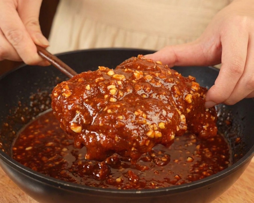 Un trozo de pollo frito siendo cubierto con una salsa de ajo coreana roja, espesa y brillante, con trozos visibles de cacahuetes triturados.