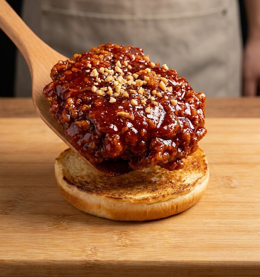 Una espátula de madera colocando una gran hamburguesa de pollo frito crujiente, cubierta con un glaseado pegajoso de color rojo oscuro y nueces picadas, sobre un pan.