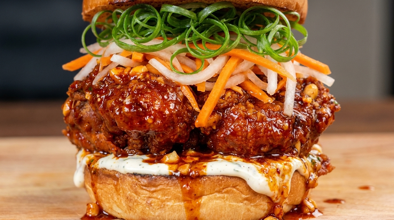Hamburguesa de Pollo Frito Coreano Picante al Ajo con Encurtido Rápido