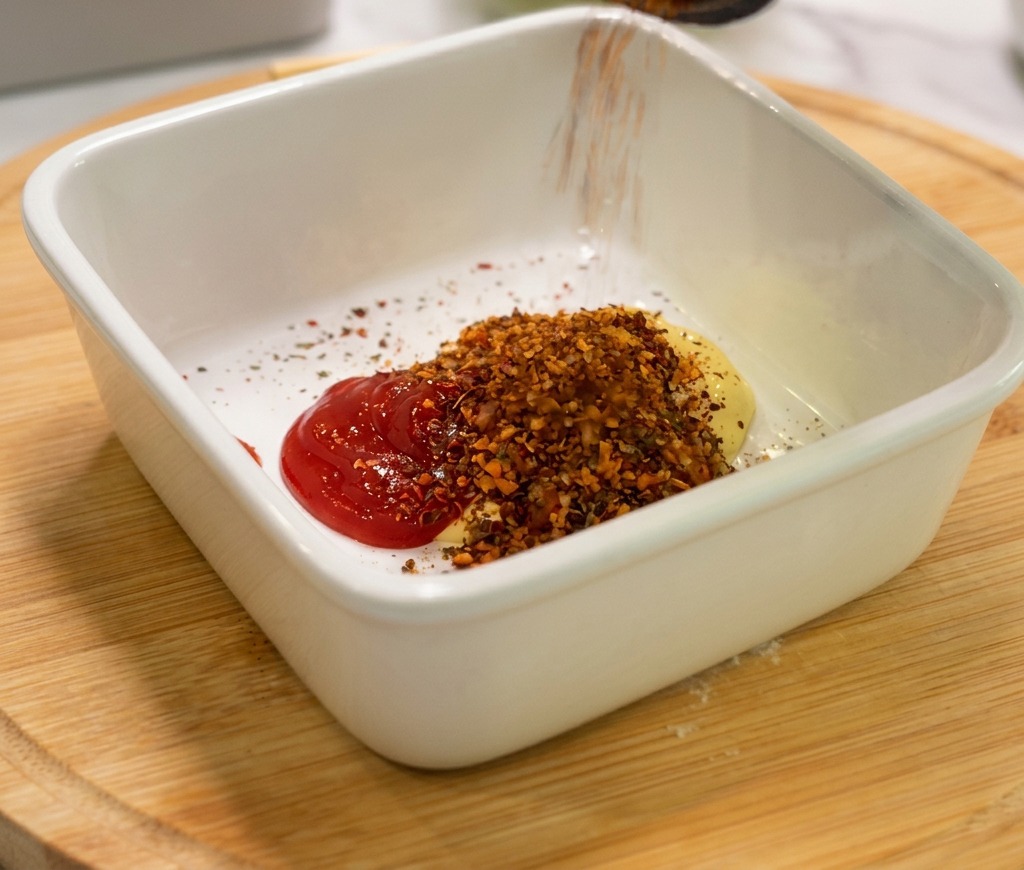 Especias rojas y naranjas siendo espolvoreadas en un tazón que contiene mayonesa y ketchup.