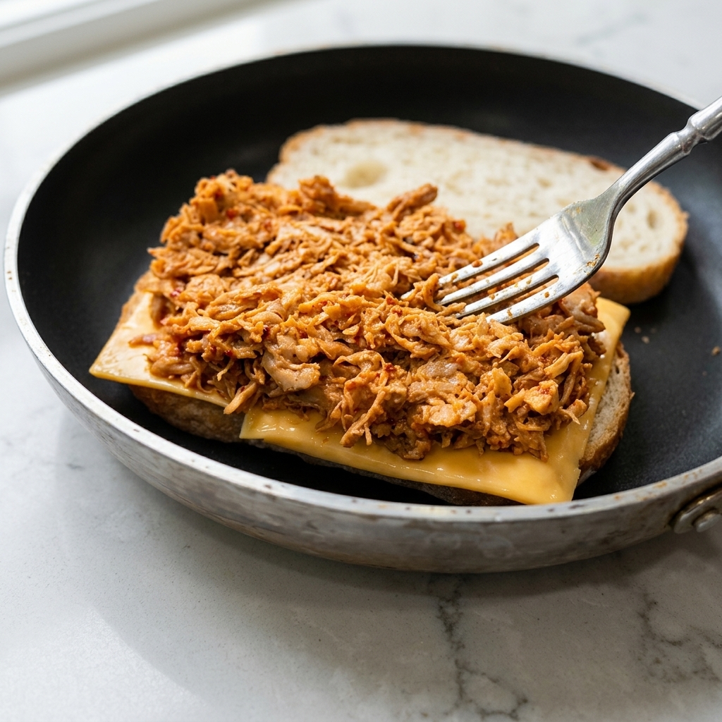 Un tenedor colocando una generosa cantidad de pollo desmechado rojo sobre el queso en el pan tostado.