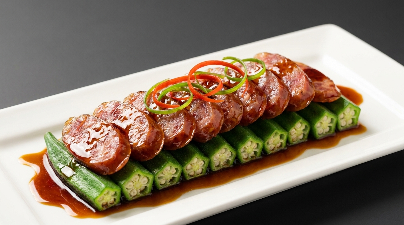 Salchichas chinas al vapor con okra (Lạp Xưởng Hấp Đậu Bắp)