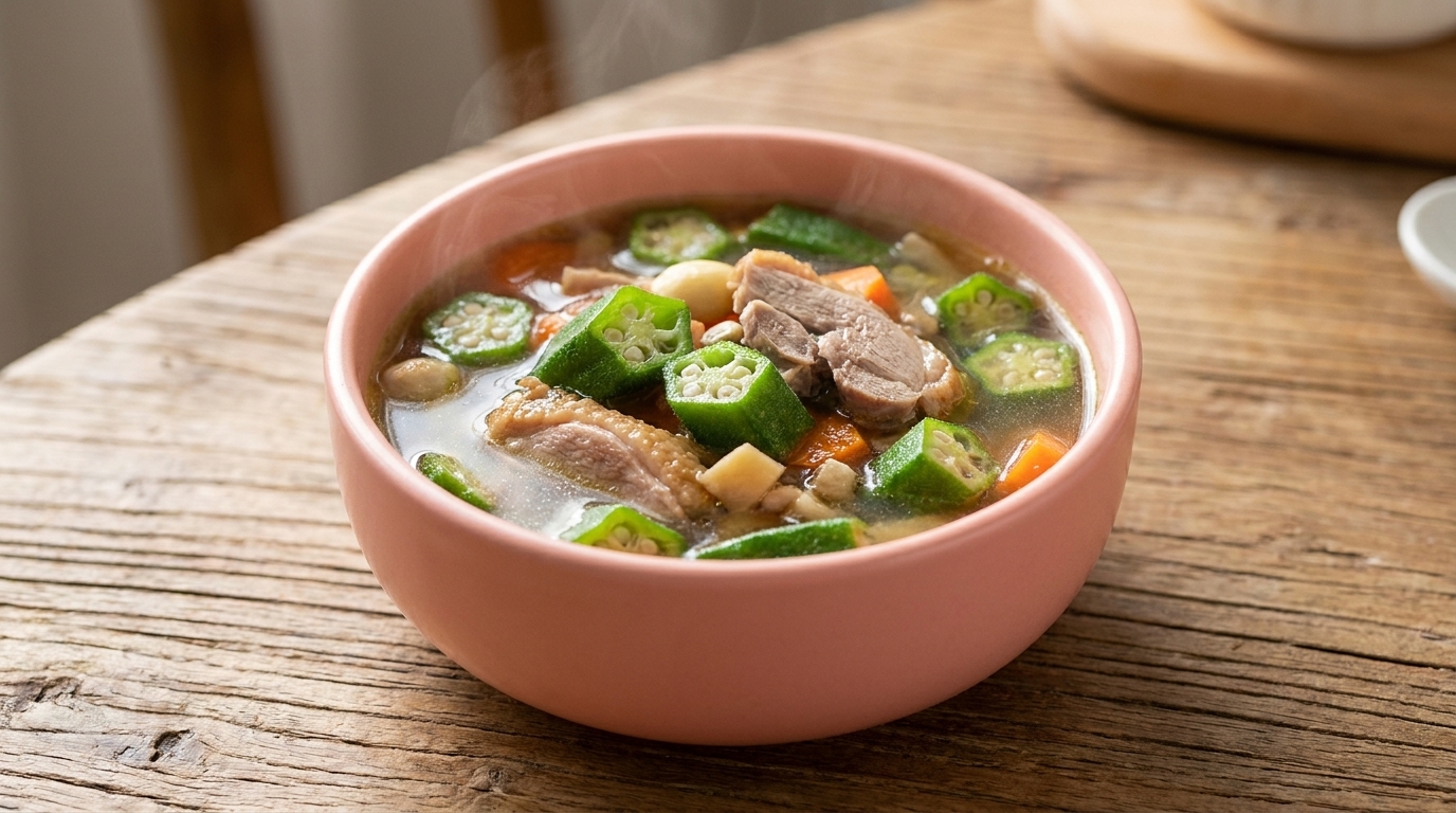 Un cuenco de sopa nutritiva de quingombó y pato con un caldo claro y sabroso.