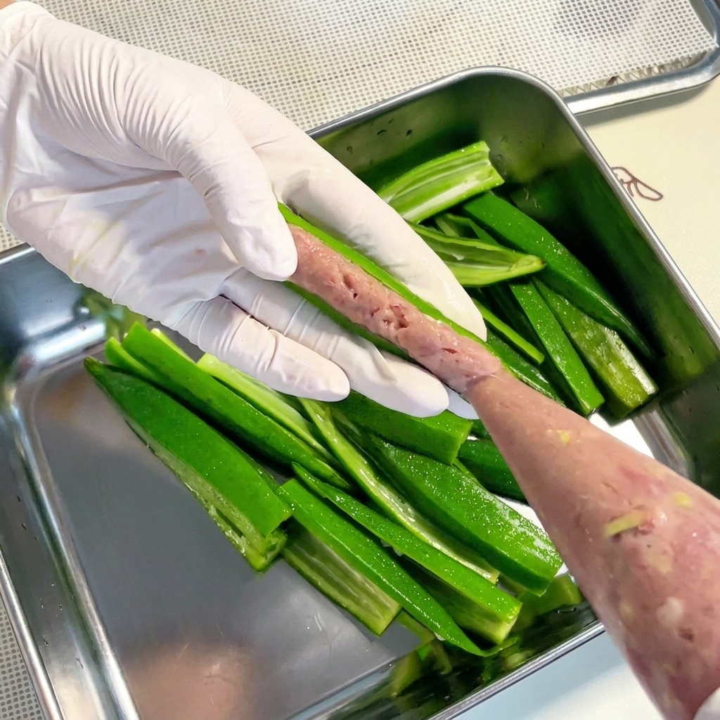 Una manga pastelera llenando una vaina de okra con la pasta de carne molida.