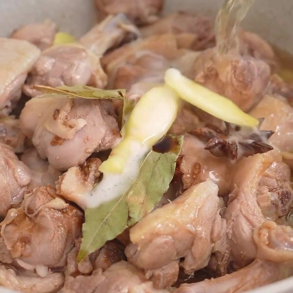 Líquido claro vertiéndose desde arriba en una sartén con carne de pato, hojas de laurel, anís estrellado y rodajas de jengibre.
