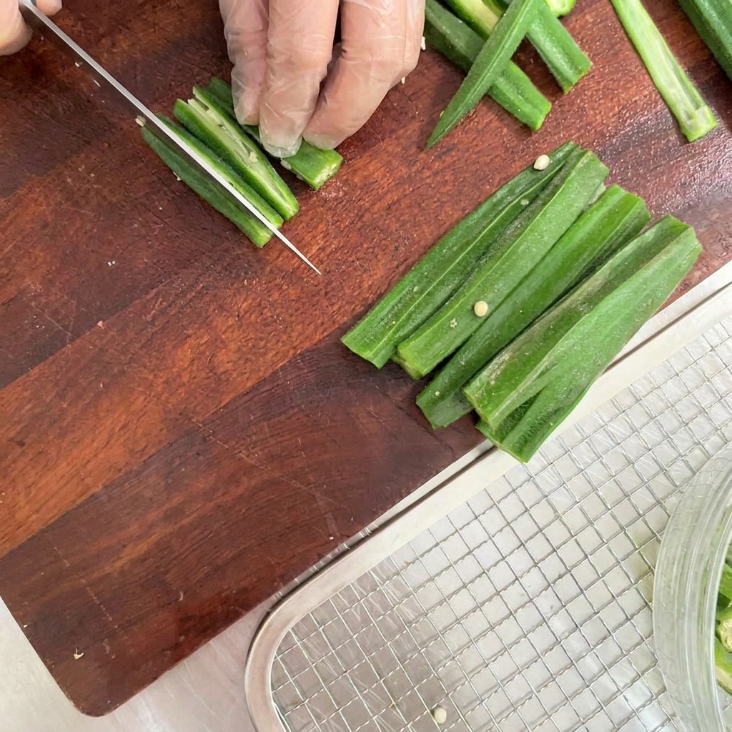 Vainas de okra recién recortadas cortadas cuidadosamente por la mitad a lo largo sobre una tabla de madera.
