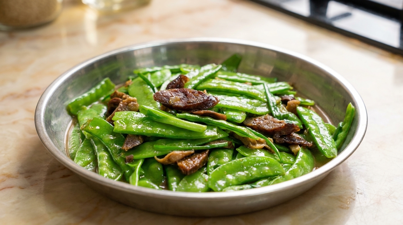 Salteado de tirabeques con salchicha de hígado de pato