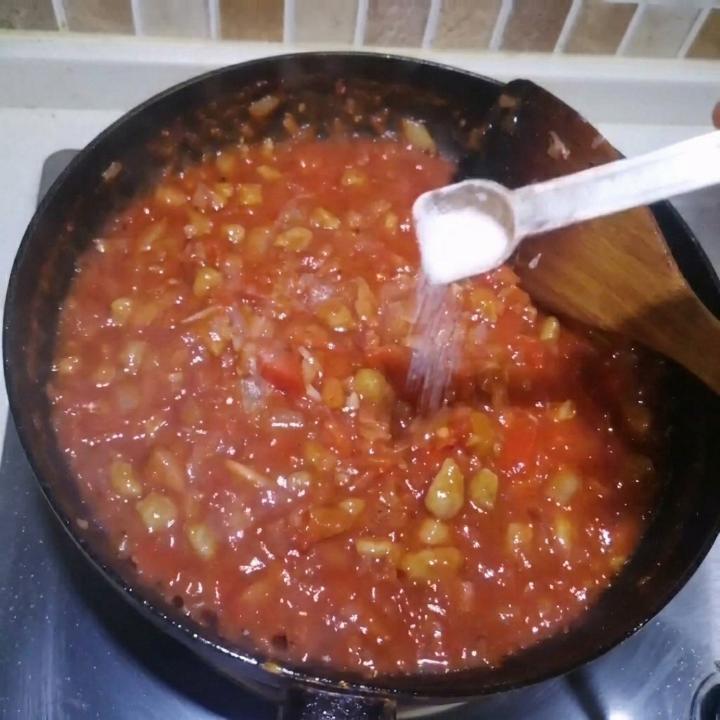 Una pequeña cuchara con sal siendo añadida a una salsa roja espesa en la sartén.