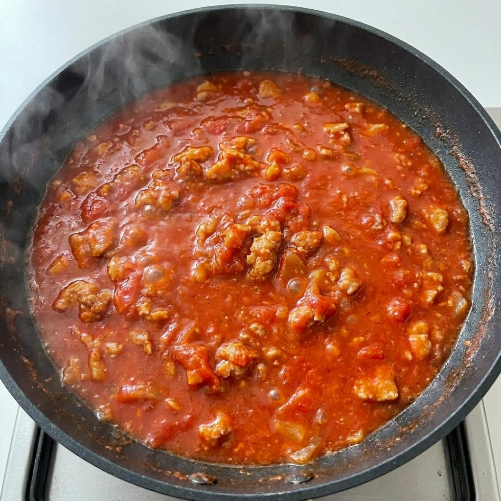 Primer plano de una salsa roja burbujeante siendo sazonada con pimienta negra recién molida.