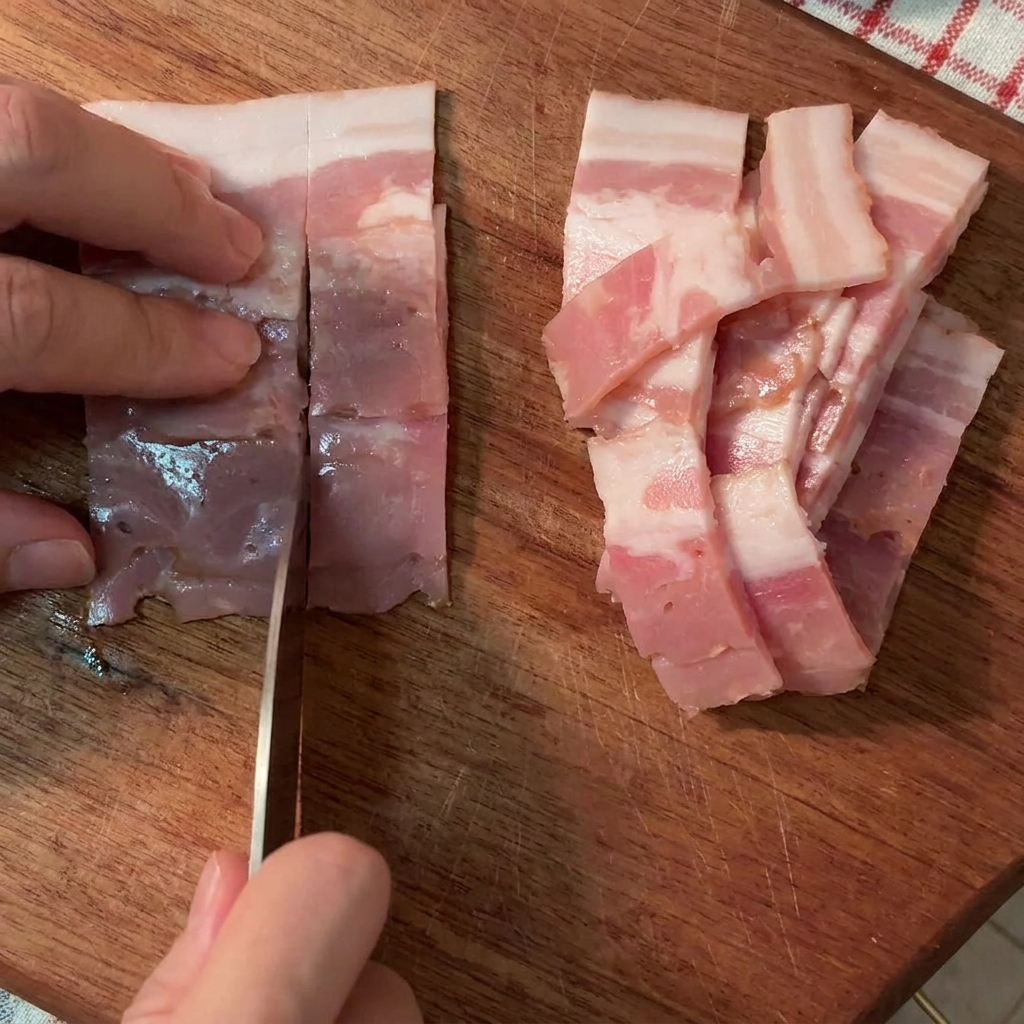 Dedos sujetando bacon crudo mientras un cuchillo lo corta en tiras uniformes sobre una tabla de madera.