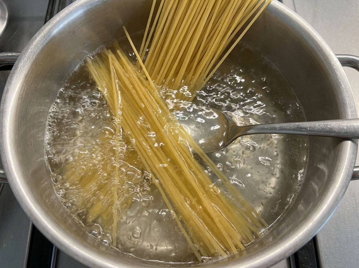 Espaguetis secos siendo introducidos en una olla de agua hirviendo con una cuchara de metal.