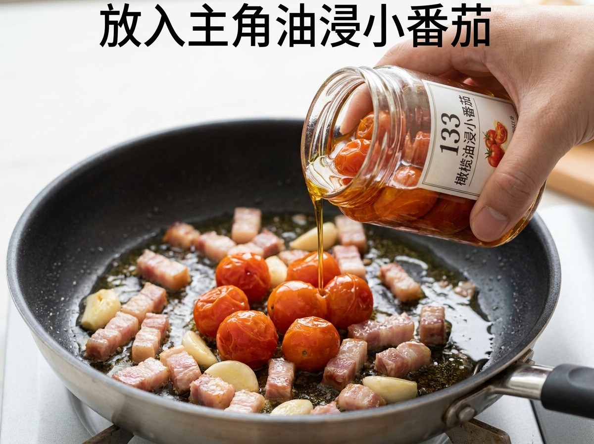 Tomates secos siendo añadidos a una sartén con bacon y ajo.