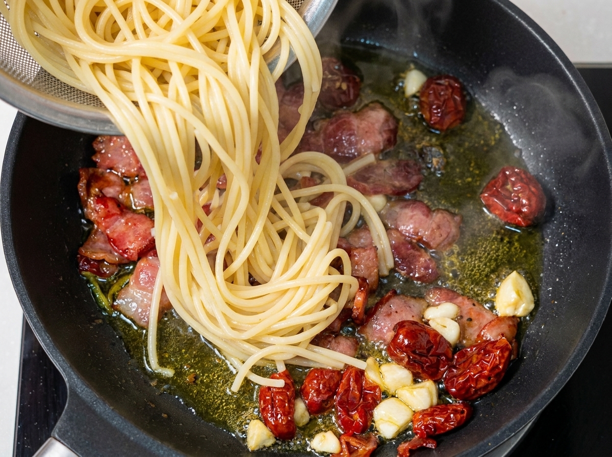 Espaguetis cocidos siendo añadidos a una sartén con bacon, tomates y ajo.