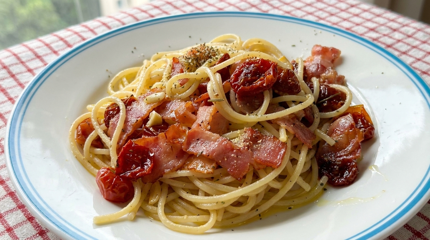 Espaguetis con bacon y tomates secos servidos, decorados con hierbas frescas y un chorrito de aceite de oliva.
