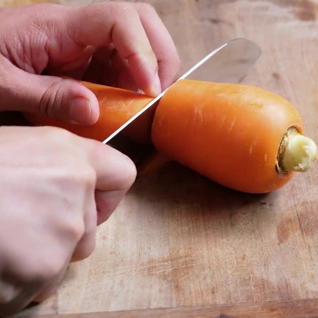 Un cuchillo afilado picando zanahorias en pequeños cubos sobre una tabla de cortar de madera.
