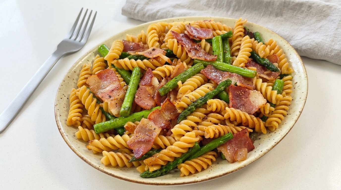 Pasta Fusilli con Bacon y Espárragos