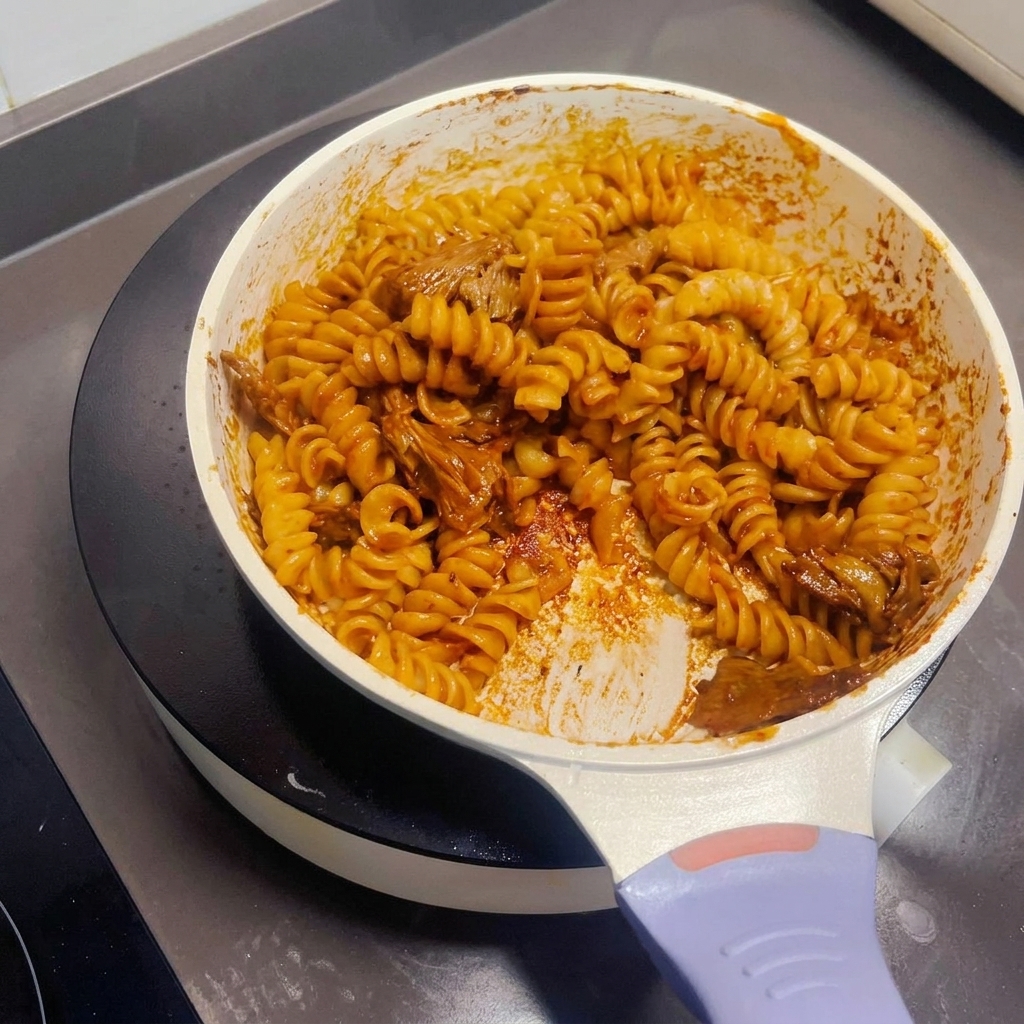 El plato terminado de ternera y pasta siendo mezclado en la sartén con una espátula.