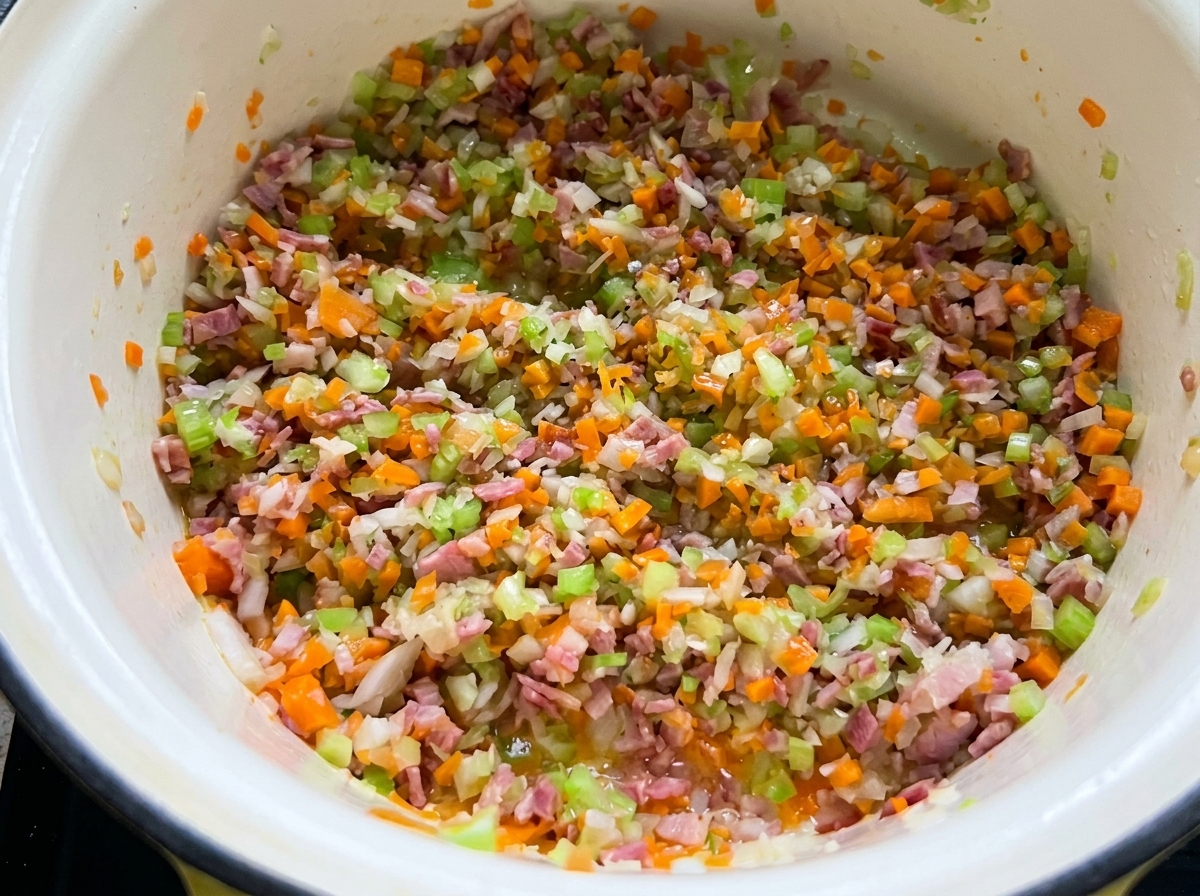 Carne picada cocinándose en una olla con verduras, siendo removida con una cuchara de madera.