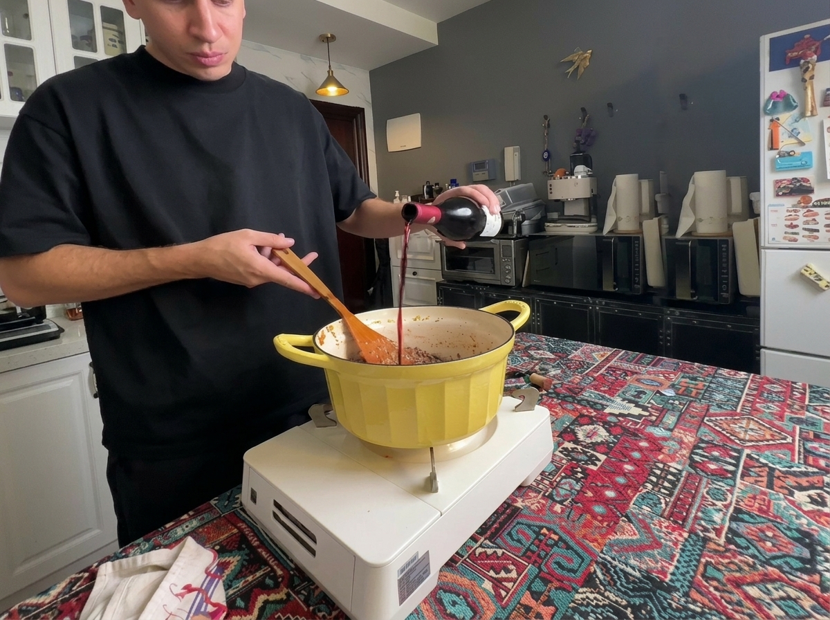 Vino tinto vertido en una olla amarilla grande con carne y verduras doradas.