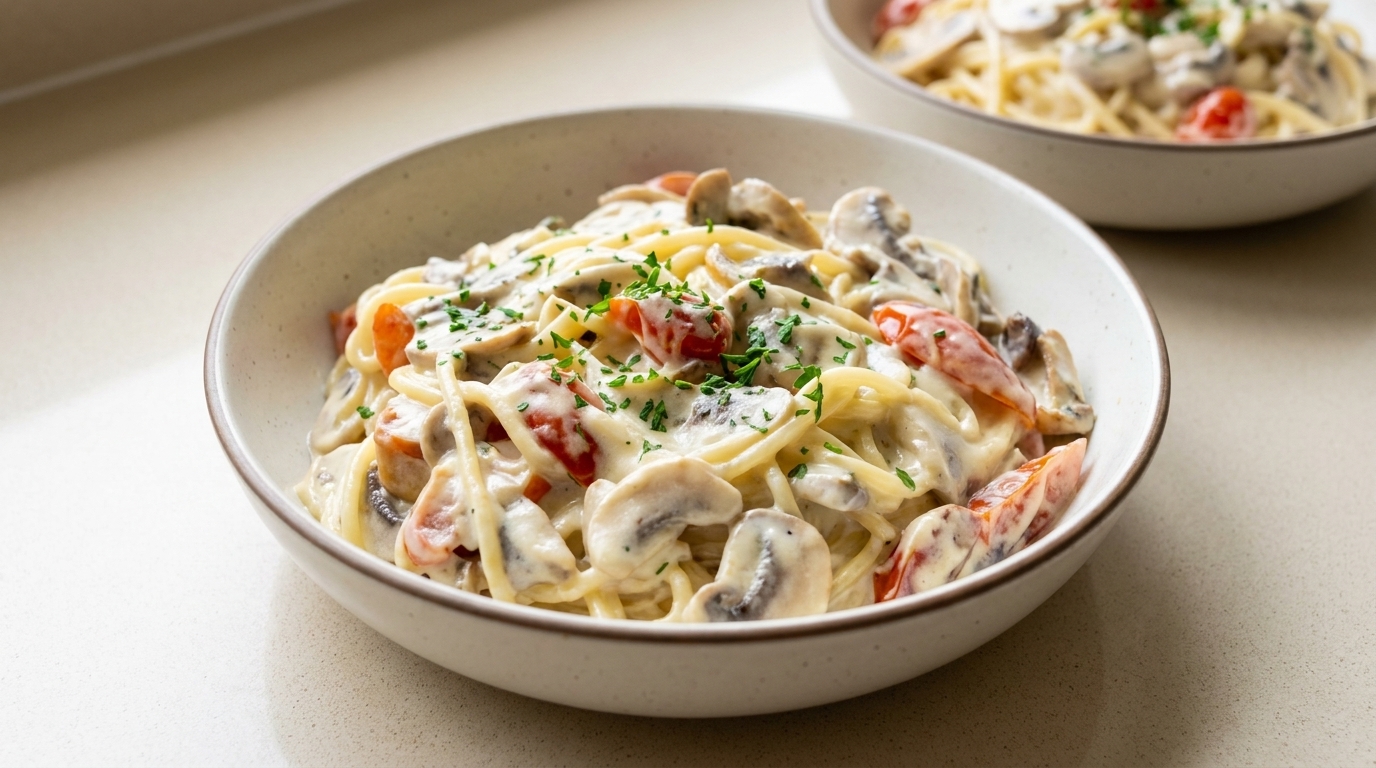 Pasta Cremosa con Champiñones y Tomates Cherry