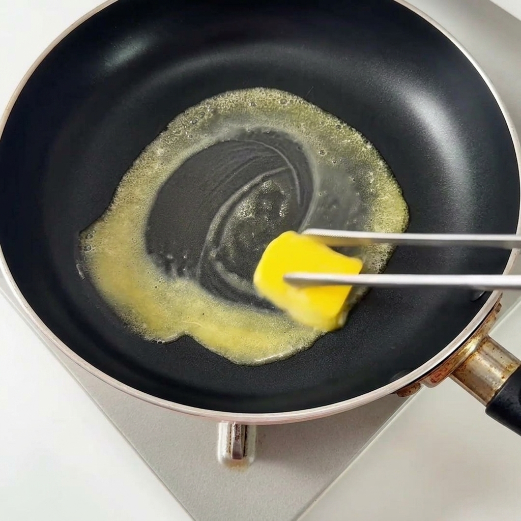 Un trozo de mantequilla derritiéndose en una sartén caliente.