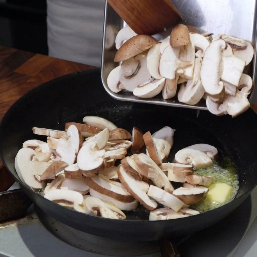 Rodajas de champiñones añadiéndose a una sartén con mantequilla y aceite caliente.