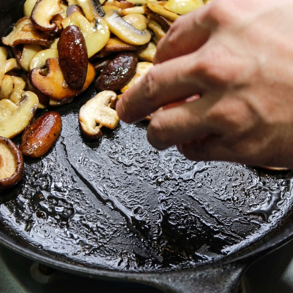 Trozos de bacon friéndose junto a los champiñones salteados.
