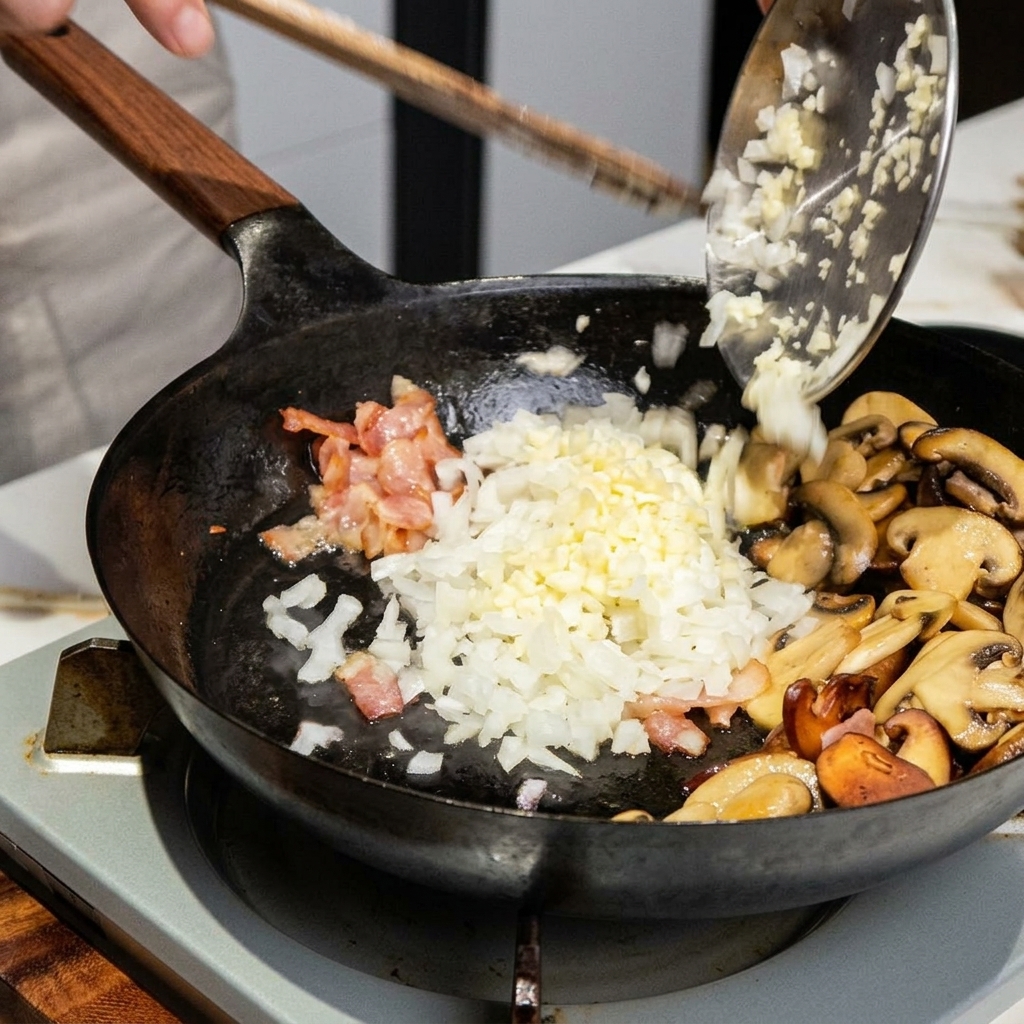 Cebolla y ajo picados añadiéndose a la sartén con el bacon y los champiñones.