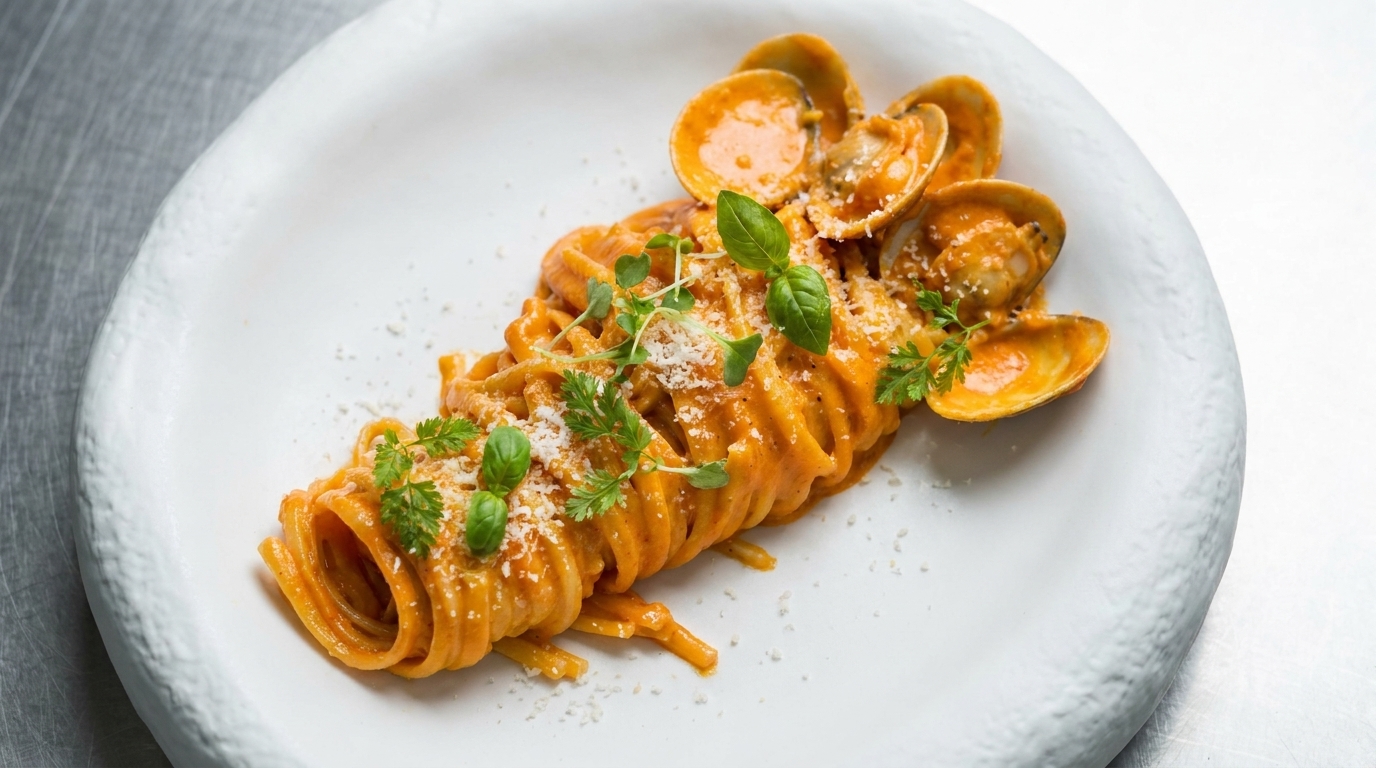 Pasta con Crema de Pimientos Asados y Almejas