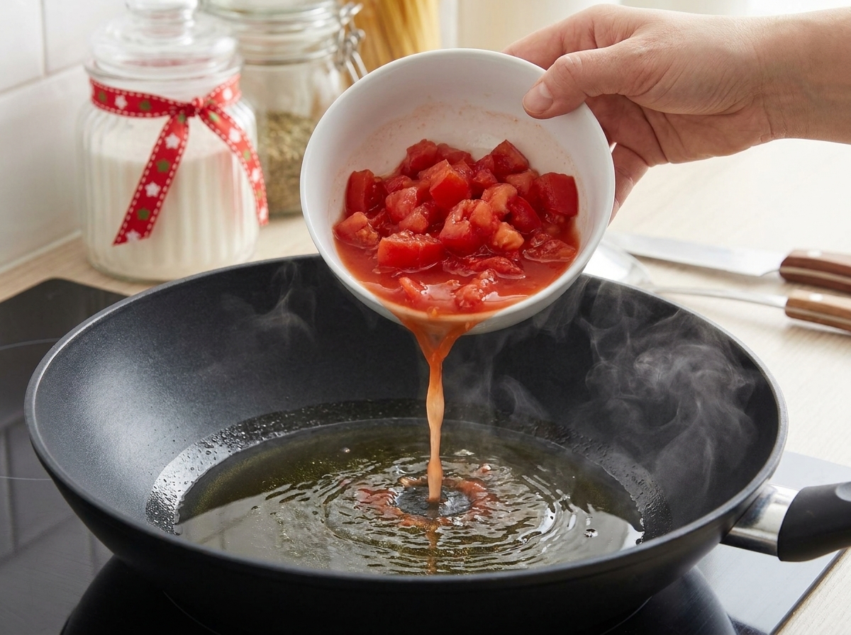 Tomates rojos troceados vertidos desde un cuenco blanco en un wok con aceite caliente y brillante.