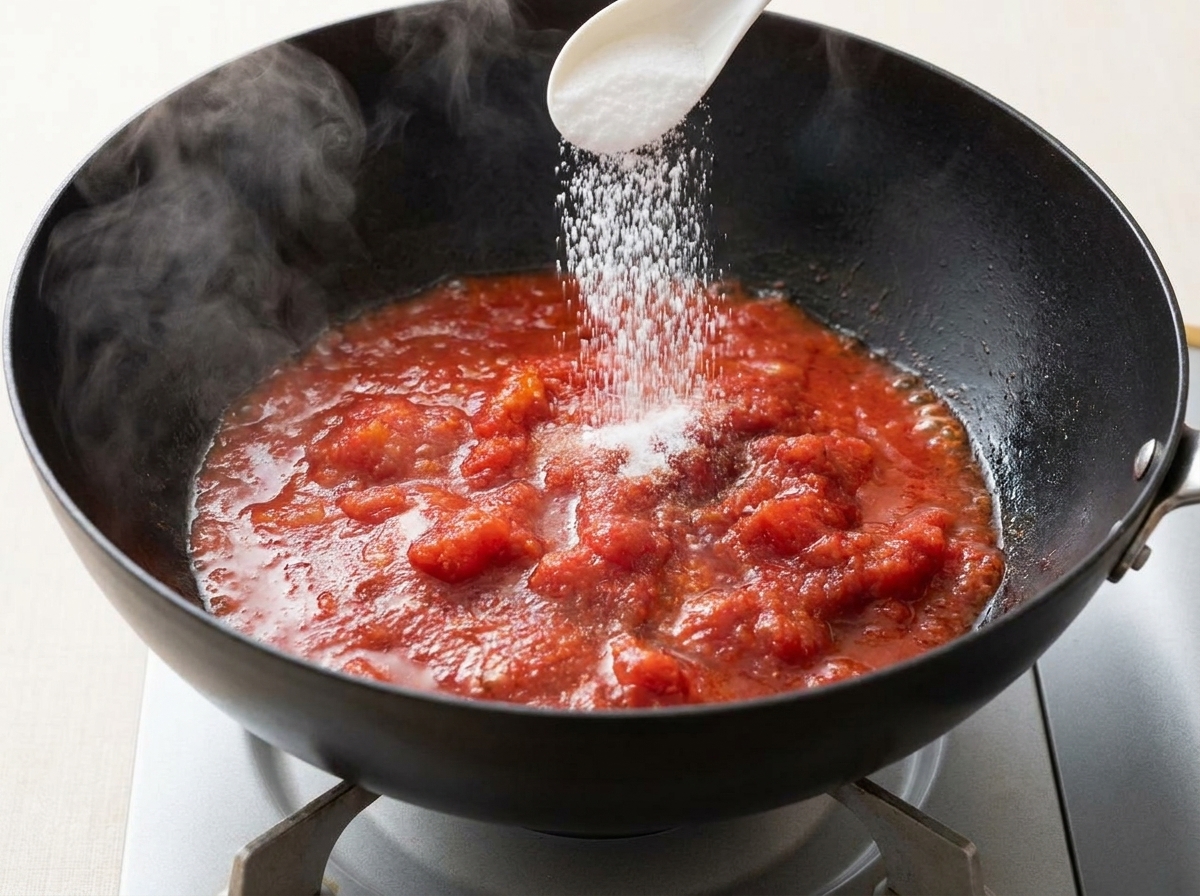 Una cuchara blanca espolvoreando sal sobre una mezcla de tomates sofritos y concentrado de tomate en un wok.