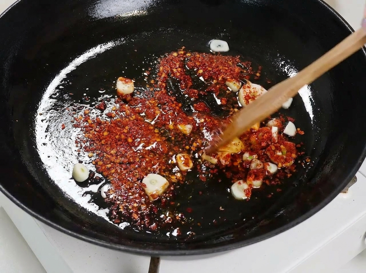 Un puñado de espaguetis secos colocados en plano en una sartén con ajo y chile, siendo presionados por un utensilio de madera.