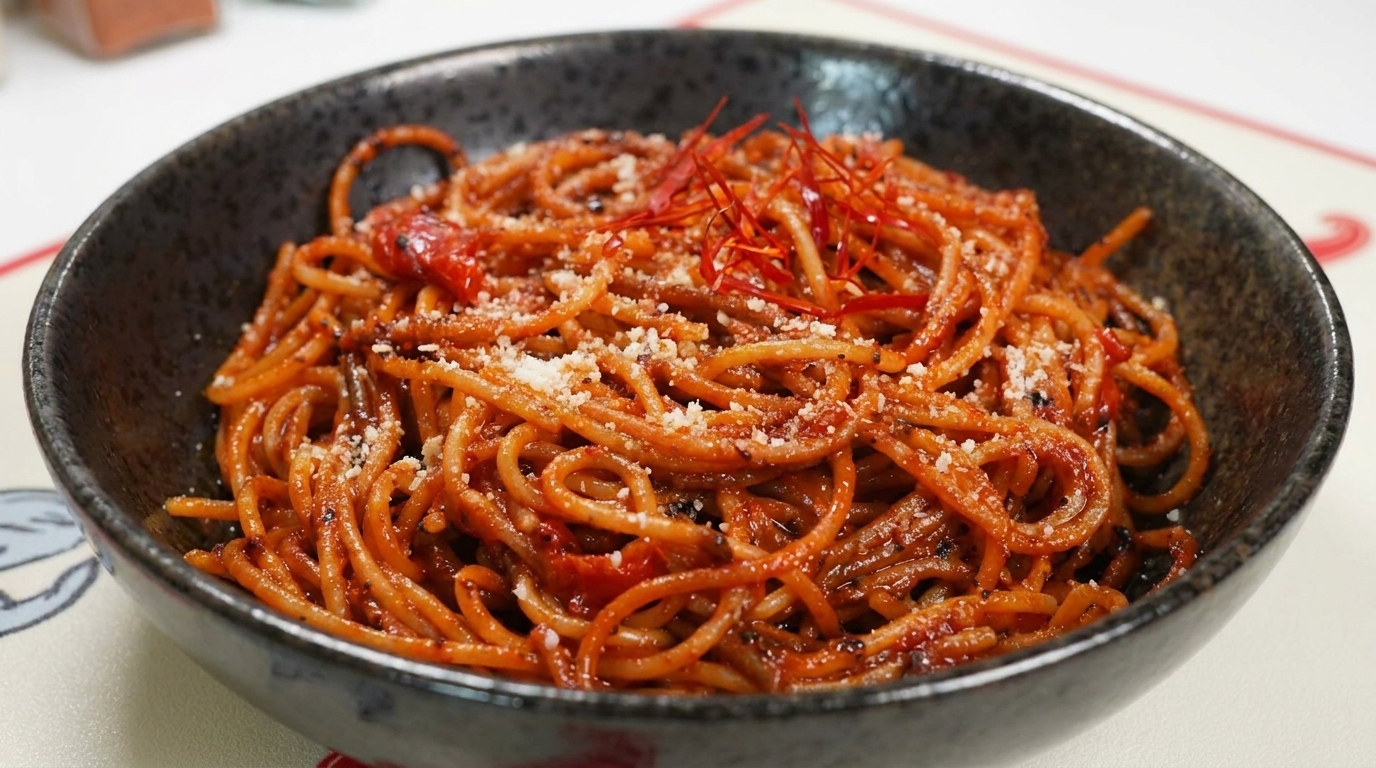Un plato de pasta picante con un toque carbonizado, terminado con queso rallado y delicados hilos de chile.