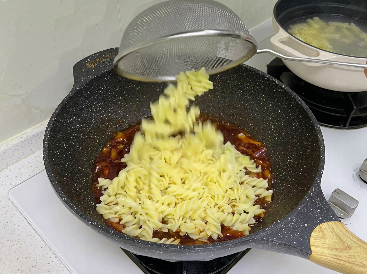 Pasta rotini cocida pasándose directamente de la olla con agua hirviendo a un wok con ternera y salsa oscura usando una espumadera.