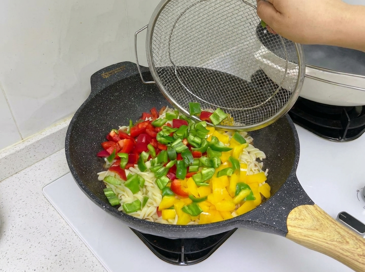 Pimientos rojos, verdes y amarillos troceados cayendo desde un colador de metal a un wok lleno de pasta, ternera y salsa oscura.