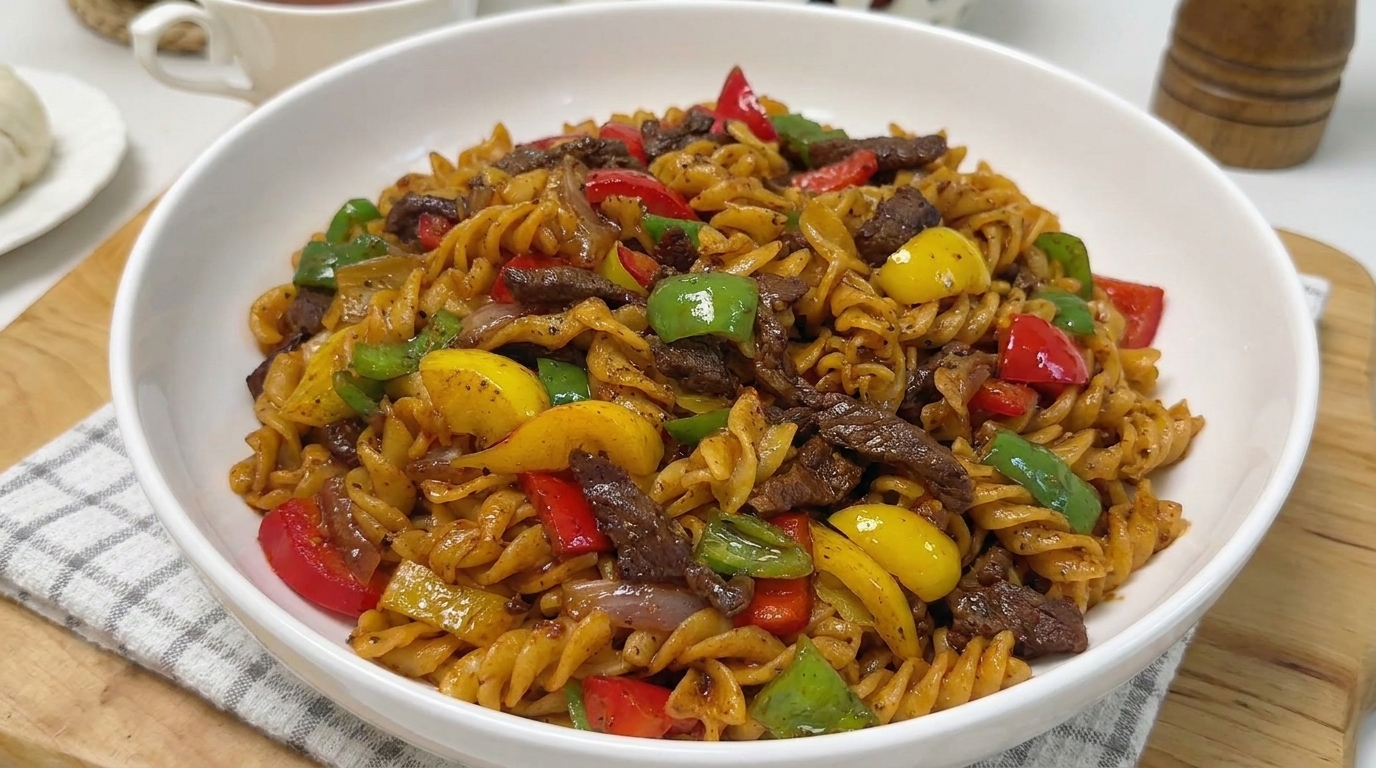 Deliciosa pasta con ternera a la pimienta negra