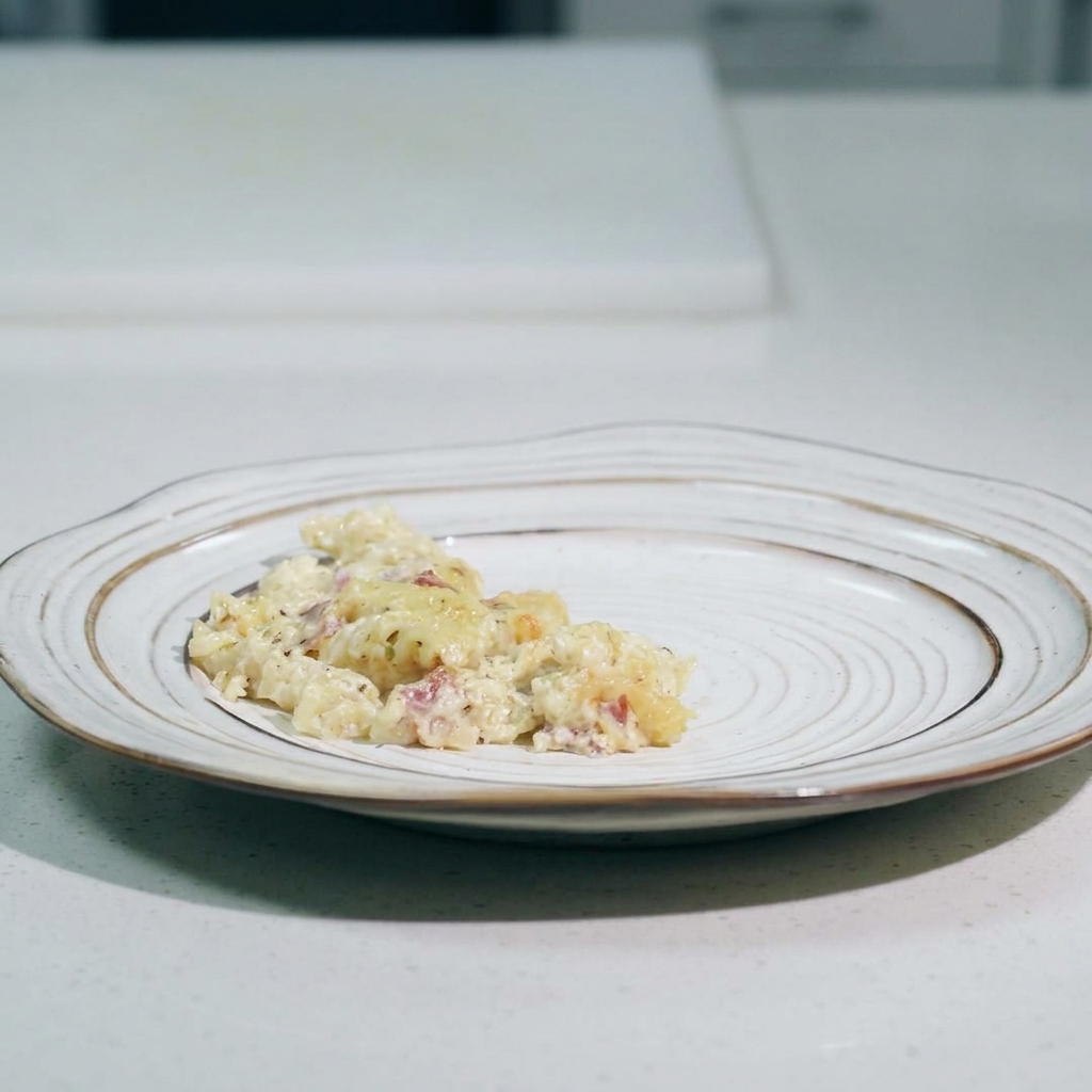 Pasta en una fuente para horno cubierta con una capa uniforme de queso rallado antes de hornear.