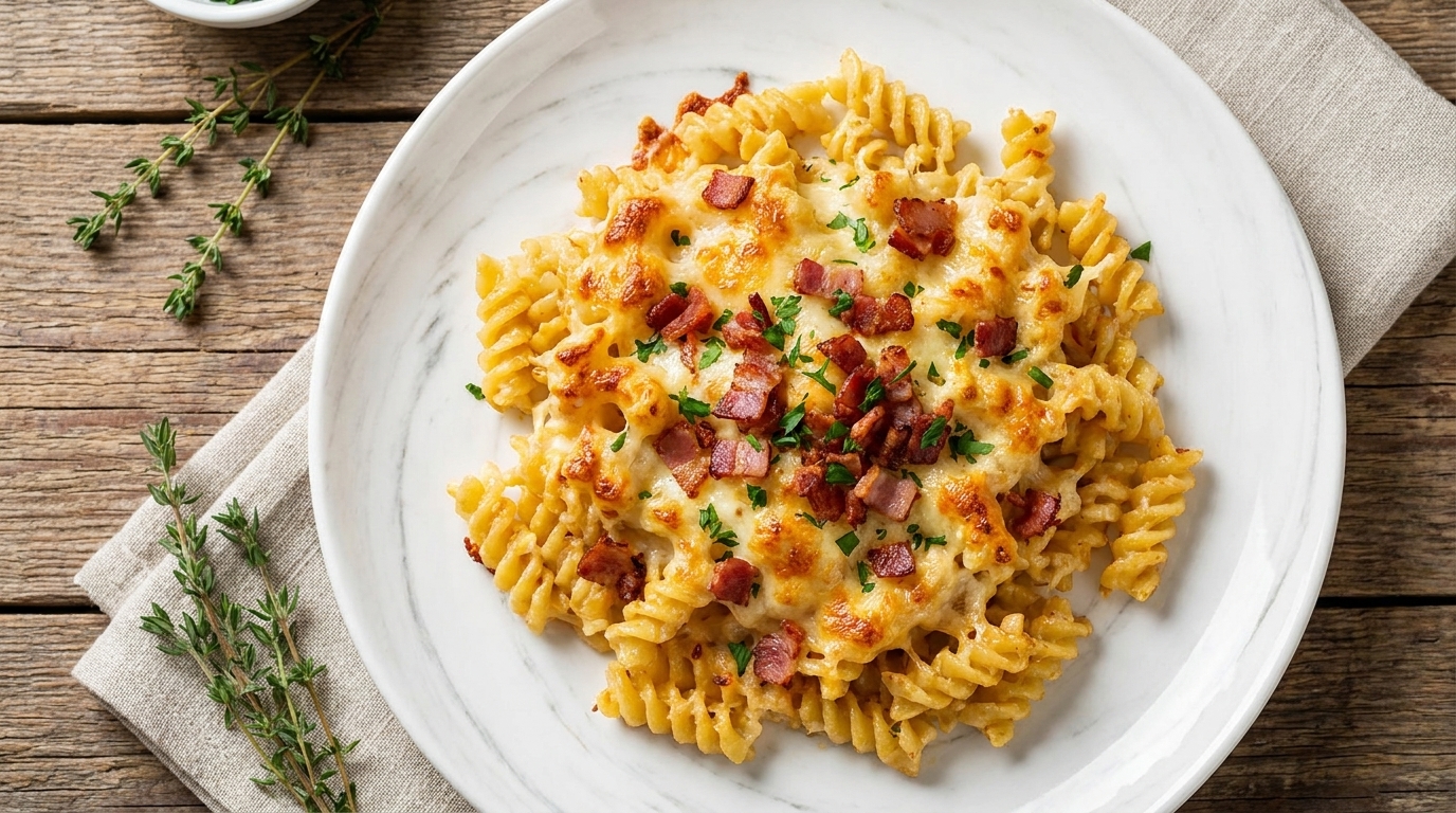 Una toma cenital en primer plano de pasta con bacon y queso servida en un plato de cerámica blanco con motivos decorativos.