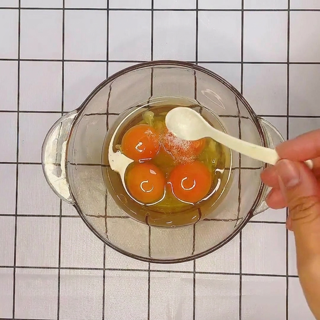 Los ingredientes para la salsa, incluyendo huevos, sal, pimienta y queso rallado, reunidos en un tazón de vidrio.