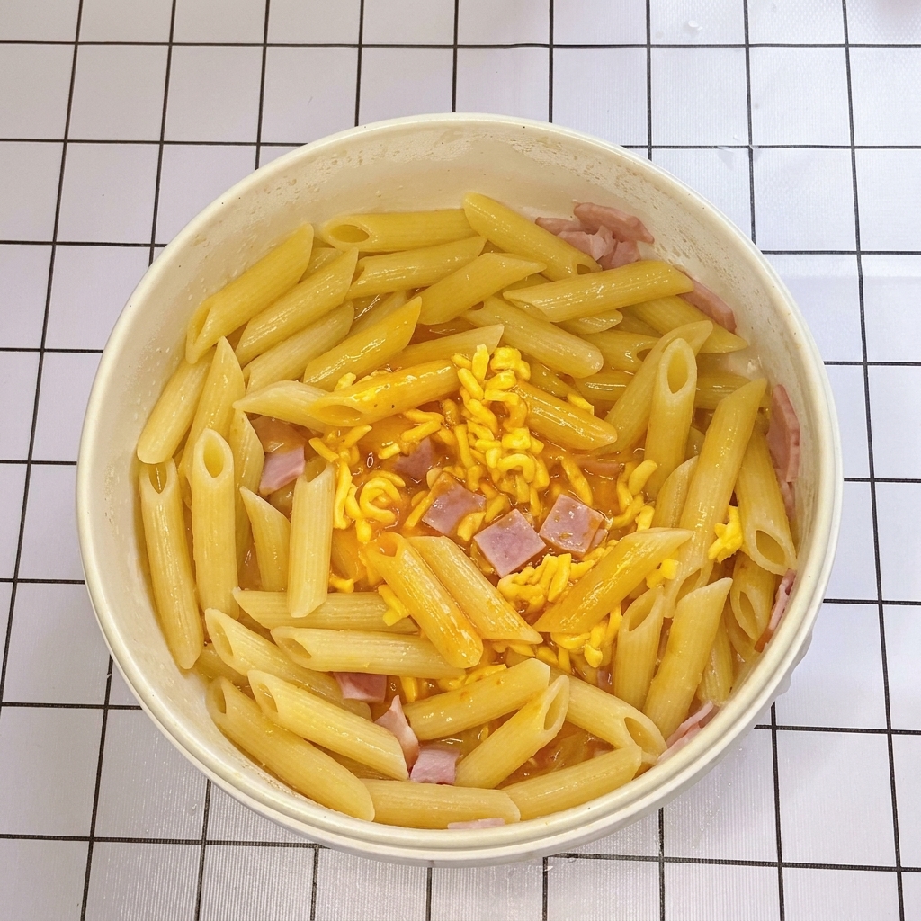 Sartén con penne y tocino recibiendo la mezcla de huevo y queso.