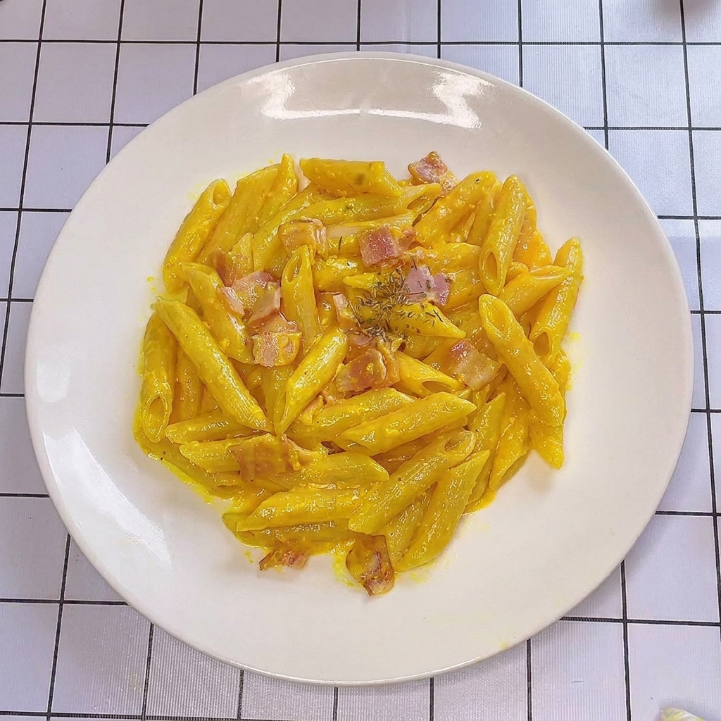 Un plato de pasta carbonara siendo decorado con una pizca de hierbas verdes secas.